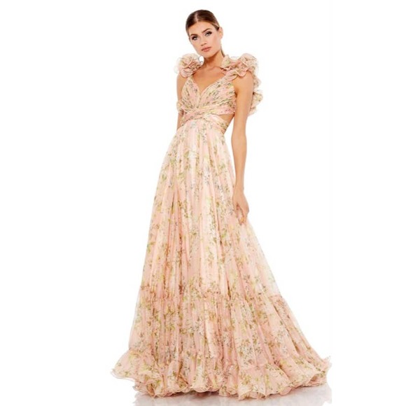 Mac Duggal | Dresses | Mac Duggal Ruffle Tiered Floral Cutout Chiffon Gown | Poshmark